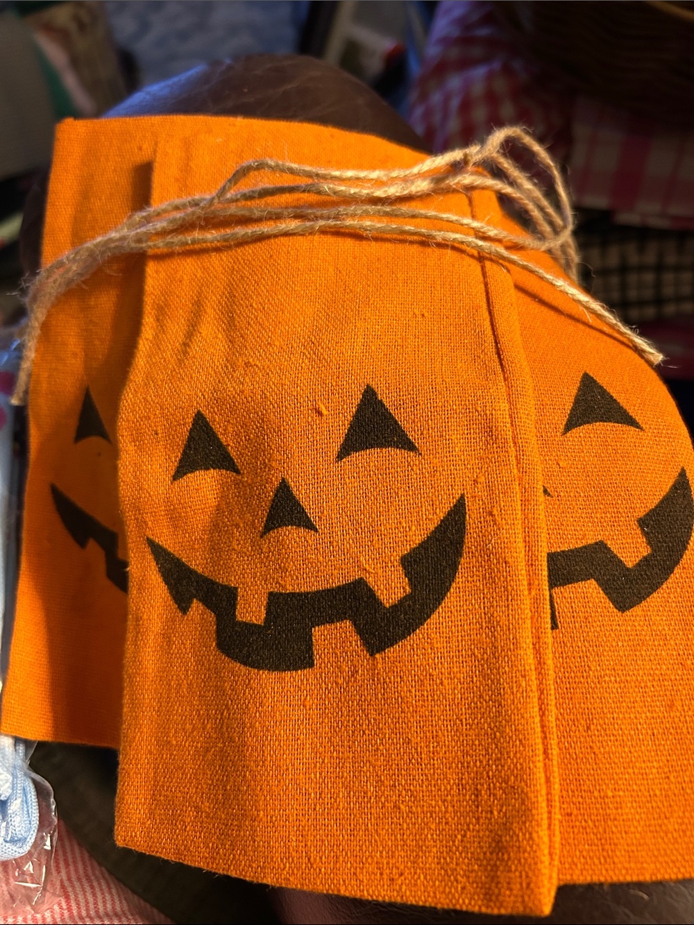 Halloween Orange Fabric Reusable Treat Bags Carved Pumpkin Face  Small Bags